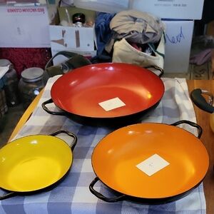 Red and Orange Enameled Cookware Set with Handles